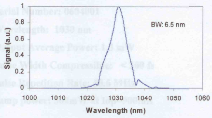 beállítást alkalmaztuk: P pump = 500 mw @ 975 nm. Ekkor a lézer P ~ átlagteljesítményt ad le ~ 40 MHz ismétlıdési frekvencián, 1030 nm környékén. 1-3 mw 7.