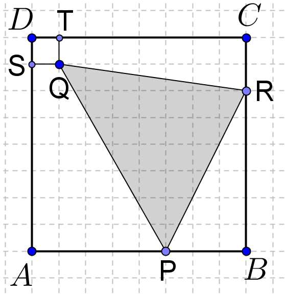 Az ABCD négyzet területe 64 egység, ebből fogjuk levonni a "felesleges" részeket. pont A jobbalsó sarokban lévő PBR háromszög területe 3 6 = 9.