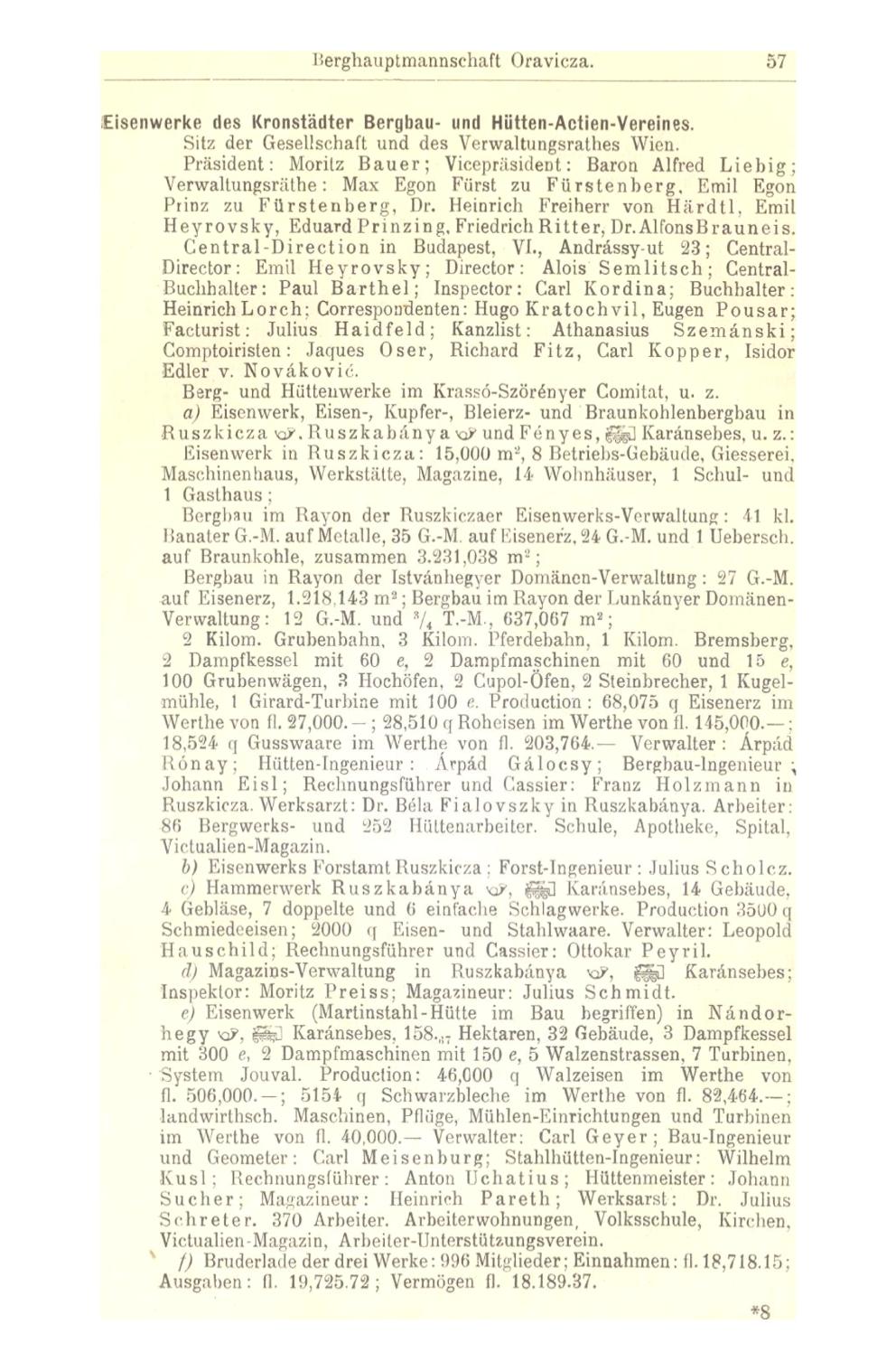 Berghauptmannsehaft Oravicza. 57 Eisenwerke des Kronstädter Bergbau- und Hütten-Actien-Vereines. Sitz der Gesellschaft und des Verwaltungsrathes Wien.
