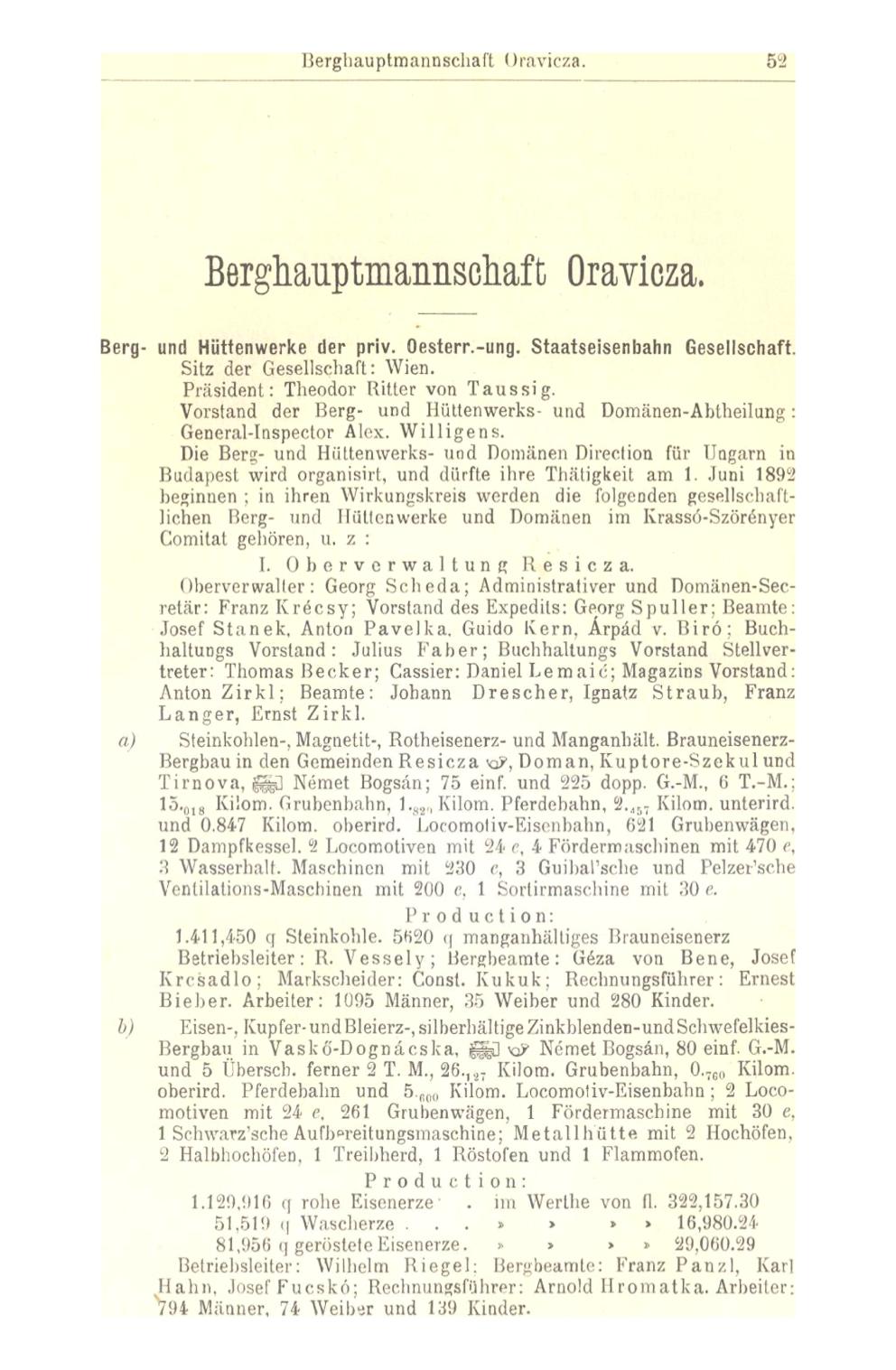 Bergbauptmannscliaft Oravicza. 52 Berghauptmannsehaft Oravicza. Berg- und Hüttenwerke der priv. Oesterr.-ung. Staatseisenbahn Gesellschaft. Sitz der Gesellschaft: Wien.