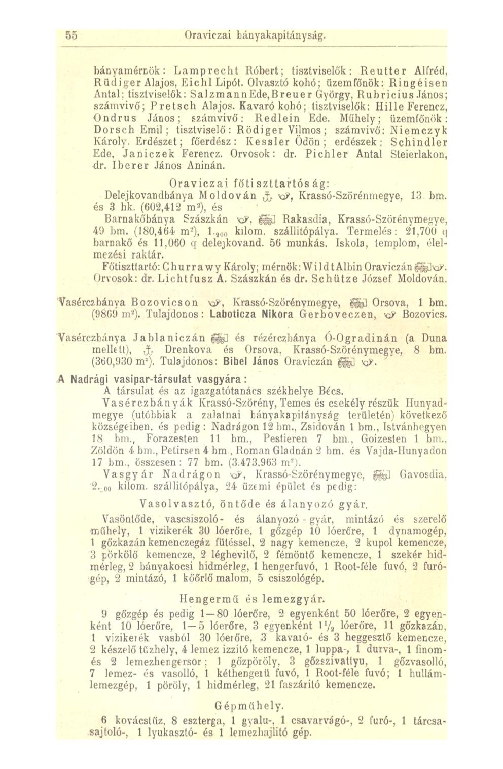 55 Oraviczai bányakapitányság. bányamérnök: Lamprecht Róbert; tisztviselők: Reutter Alfréd, Rüdiger Alajos, Eichl Lipót.