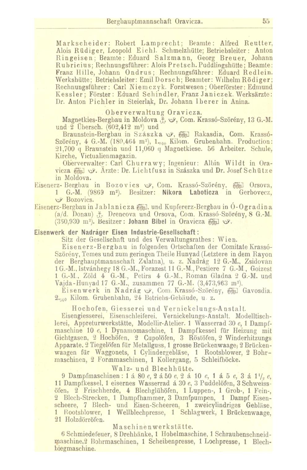 Berghauptmannsehaft Oravicza. 55 Markscheider: Robert Lamprecht; Beamte: Alfred Reutier. Alois Rüdiger, Leopold Eichl.