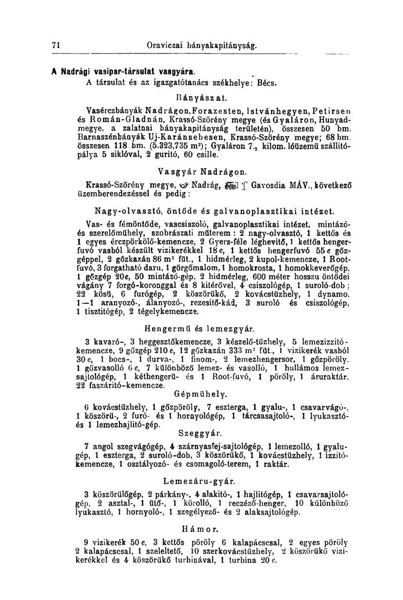 71 Szepes-Iglói bányakapitányság. A Nadrági vasipar-társulat vasgyára. A társulat és az igazgatótanács székhelye: Bécs. Bányász at.