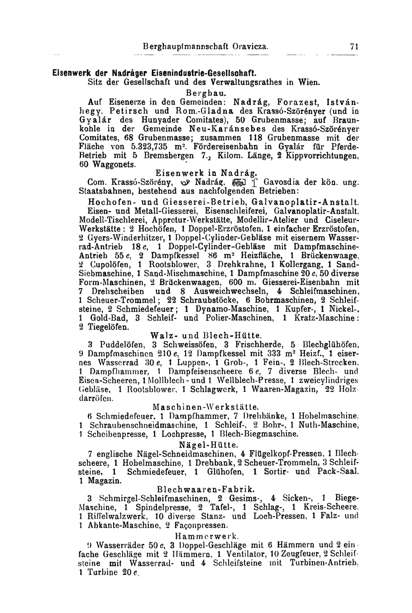 71 Eisenwerk der Nadráger Eisenindustrie-Gesellschaft. Sitz der Gesellschaft und des Verwaltungsrathes in Wien. Bergbau. Auf Eisenerze in den Gemeinden: Nadrág, Forazest, Istvánhegy. Petirsch und Rom.