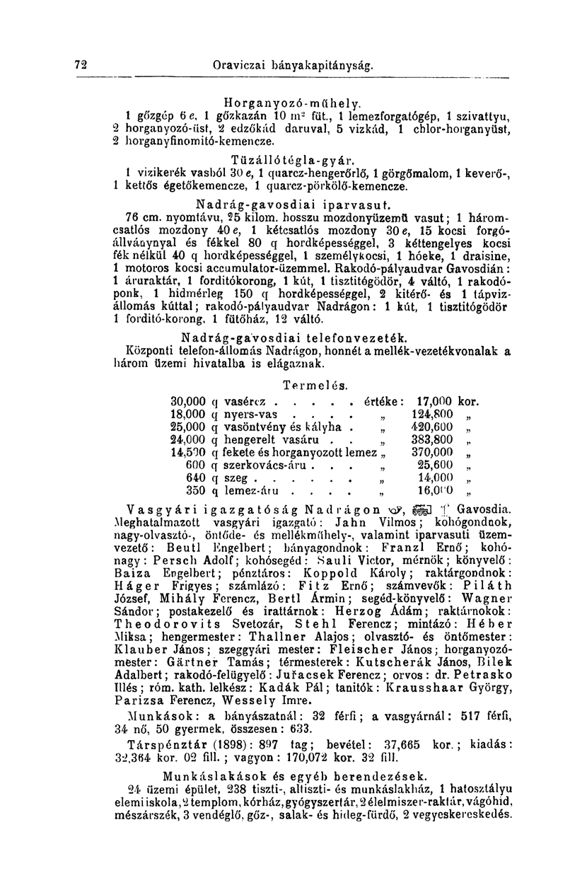 72 Szepes-Iglói bányakapitányság. Horganyozó-műhely. 1 gőzgép 6 e, 1 gőzkazán 10 in- füt.