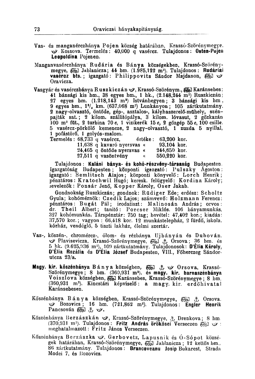 73 Szepes-Iglói bányakapitányság. Vas- és manganérczbánya Pojen község határában, Krassó-Szörénymegye. KP Kossova. Termelés: 40,000 q vasércz. Tulajdonos: Osten-Pujen Leopoldina Pojenen.