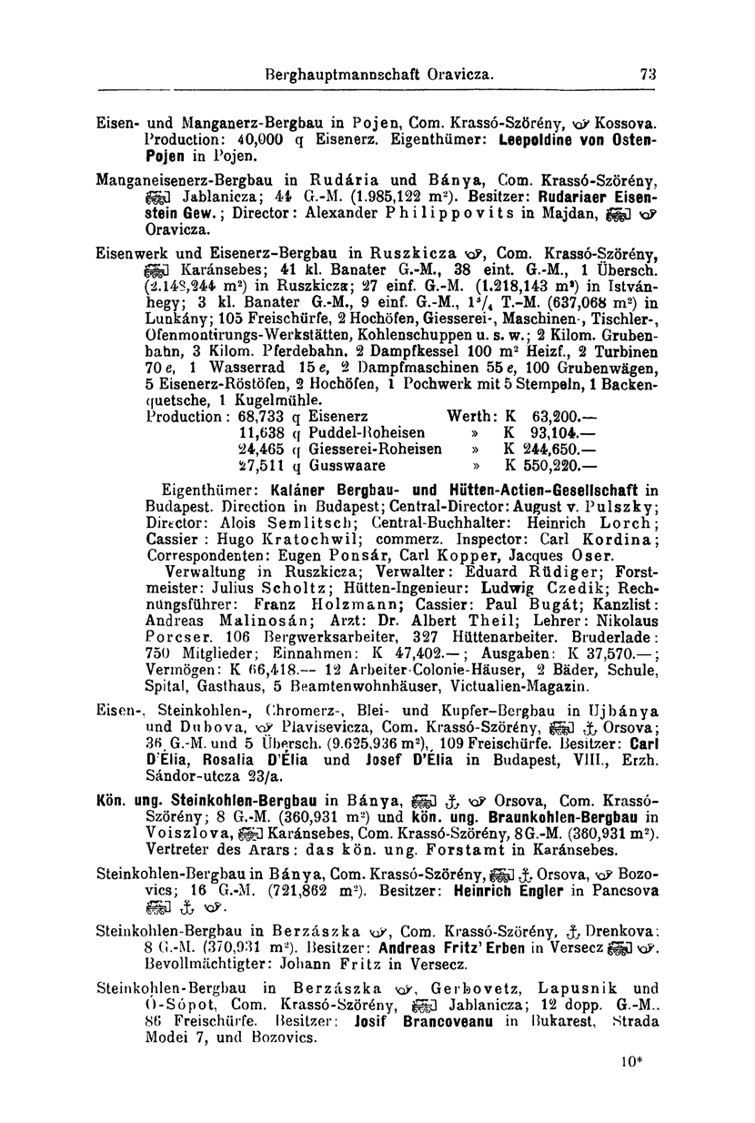 Berghauptmannschaft Oravicza. 73 Eisen- und Manganerz-Bergbau in Po jen, Com. Krassó-Szörény, Kossova. Production: 40,000 q Eisenerz. Eigenthümer: Leepoldine von Osten- Pojen in Pojen.