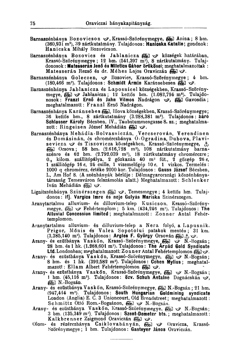 75 Szepes-Iglói bányakapitányság. Barnaszénbáoya Bozovicson xp, Krassó-Szörénymegye, Anina; 8 brn. (360,931 m 2 ), 39 zártkutatmány. Tulajdonos: Hanloska Katalin; gondnok: Hanicska Mihály Bozovicson.