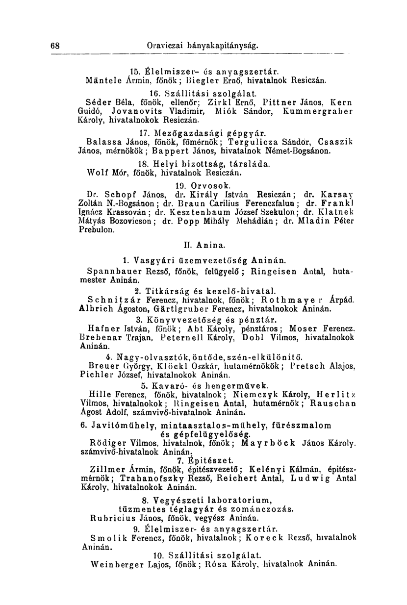 68 Szepes-Iglói bányakapitányság. 15. Élelmiszer- és anyagszertár. Mäntele Ármin, főnök; Biegler Ernő, hivatalnok Resiczán. 16. Szállítási szolgálat.