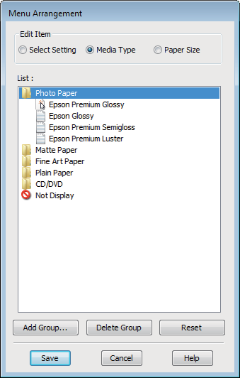 A nyomtató-illesztőprogram használata (Windows) A megjelenített elemek átrendezése A gyakran használt elemek gyors használatához a következő lépések segítségével rendezheti át a Select Setting