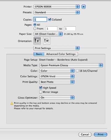 Nyomtatási lehetőségek Ha Mac OS X 10.4 operációs rendszer használ, vagy ha az oldalbeállítások képernyője nem jelenik meg a nyomtatási képernyőn a Mac OS X 10.6 vagy 10.