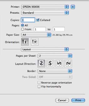 oldal A beállítások elvégzése Mac OS X rendszeren Ha a Nyomtatás képernyő van megjelenítve, A akkor válassza a Layout lehetőséget a listából, majd adja meg az egy lapra nyomtatni kívánt oldalak
