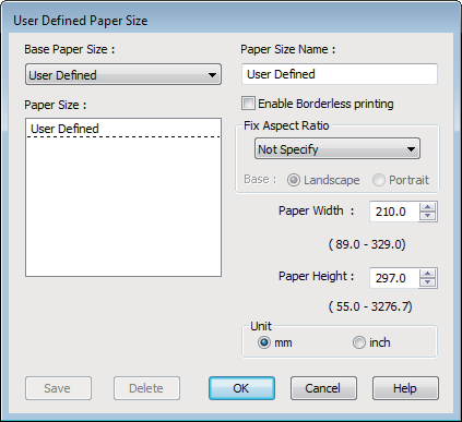 Nyomtatási lehetőségek B Az User Defined Paper Size (Egyéni papírméret) képernyőn adja meg a használni kívánt papírméretet, majd kattintson a Save (Mentés) lehetőségre.