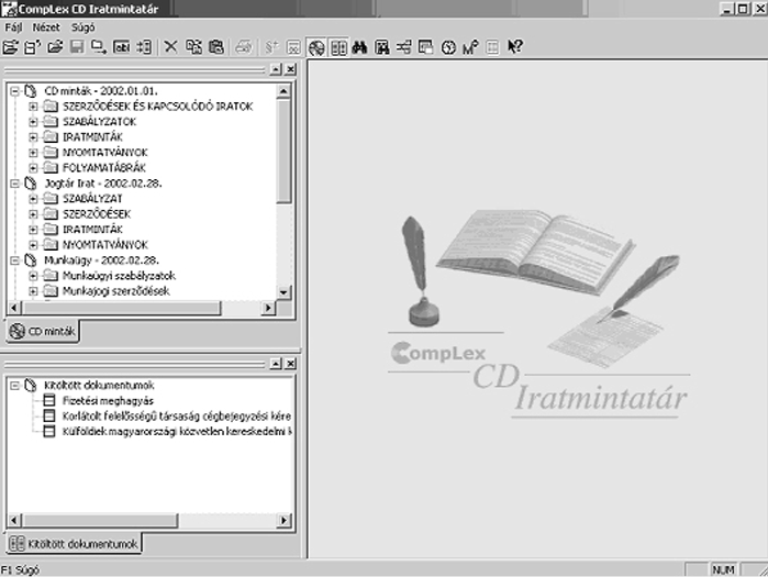 A Jogtár Plusz adatbázisok 145 Ablakok és adatbázisok A dokumentumok két ablakban találhatóak: a CD minták alatt vannak a Szerzôdések és kapcsolódó iratok, a Szabályzatok, az Iratminták, a