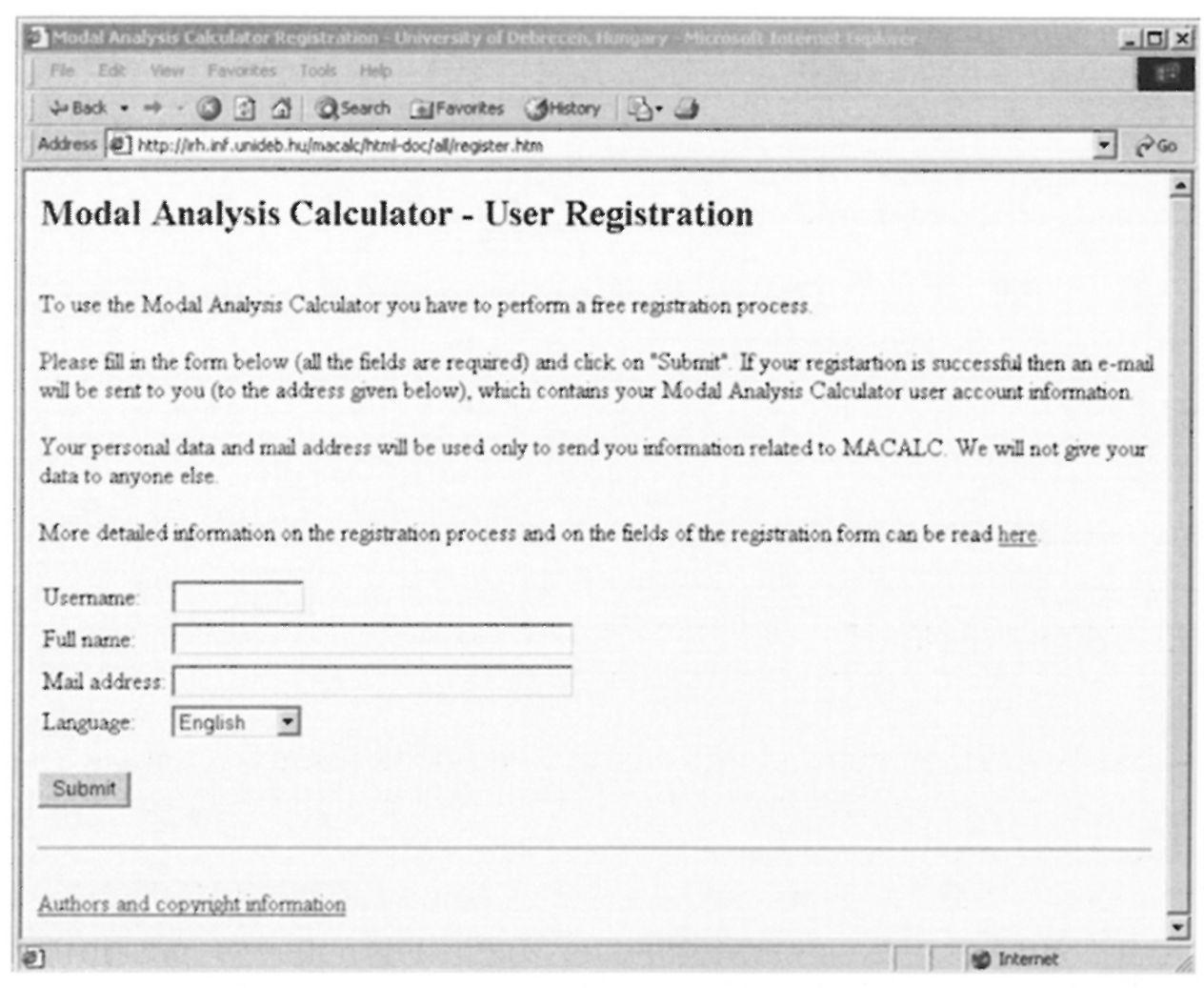 Földtani Közlöny 136/4 2. ábra. A Modal Analysis Calculator web-szolgáltatás regisztrációs ablaka Fig.