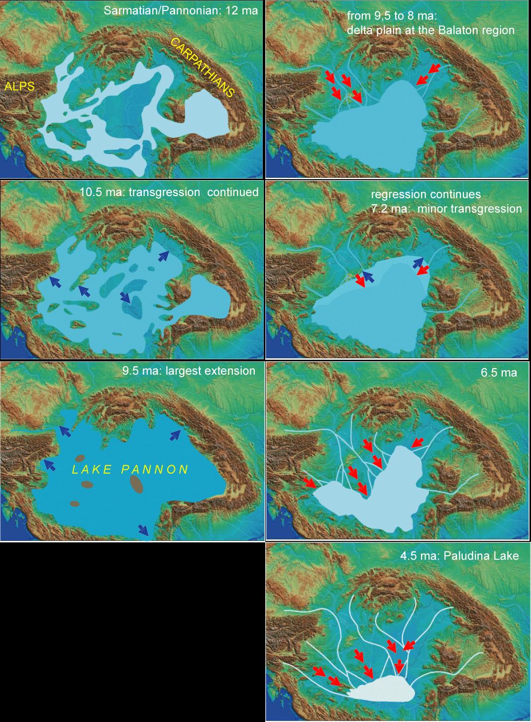Ősföldrajzi helyzet 56. ábra A Pannon-tó területének változása fejlődése során (MAGYAR et al. 1999, MAGYAR 2009 után).