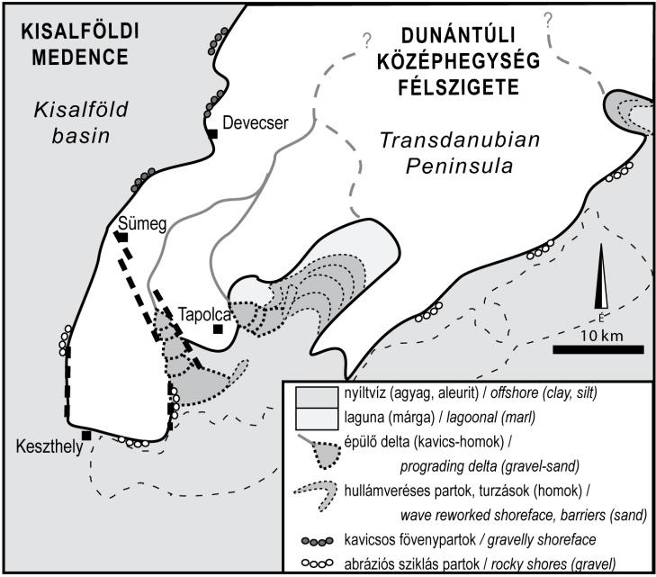 A pannon transzgresszió korai fázisában a Keszthelyi-hegység peremén a triász dolomitokban abráziós part alakult ki (Diási Kavics Formáció). Eközben agyagmárgák képződtek a medencében.