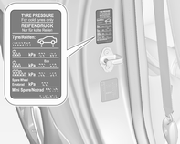 Autóápolás 183 Gumiabroncs levegőnyomás 3 219. A jobb oldali ajtókereten található gumiabroncs- és terhelési tájékoztató tábla jelzi az eredeti gumiabroncsokat és a vonatkozó gumiabroncsnyomásokat.