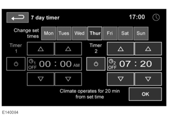 Fűtés és szellőzés Időzített klímaprogram beállítása: 1. Nyomja le a HOME MENU (Főmenü) nyomógombját. 2. Érintse meg a Timed Climate (Időzített klíma) érintőgombot.