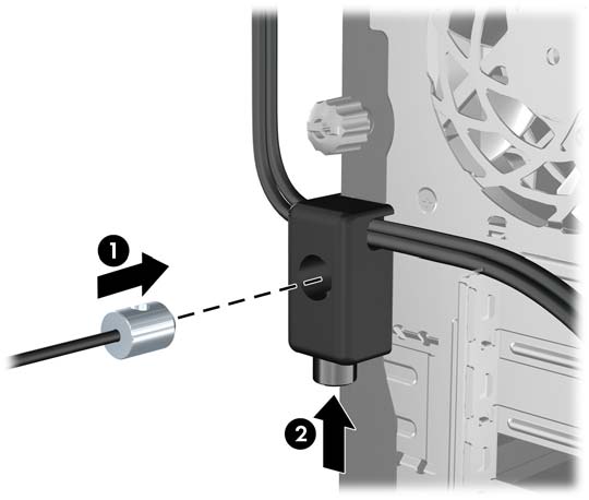 4. Helyezze a biztonsági kábel bedugható végét a zárba (1), és a gomb benyomásával kapcsolja össze a zárat (2). A zár a mellékelt kulccsal nyitható.