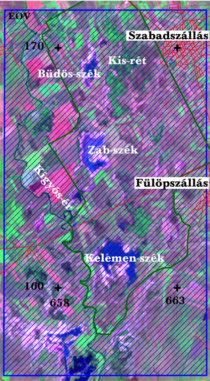 4. ábra A Felső-Kiskunsági tavak mintaterület kék vonal: mintaterület határa, zöld vonal: Kiskunsági NP határa (háttérkép: LANDSAT ETM 2002.06.23.