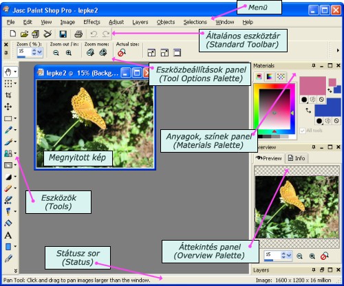 A Paint Shop Pro 9.0 munkafelülete Kezdetnek ismerkedjünk meg a program felületével.