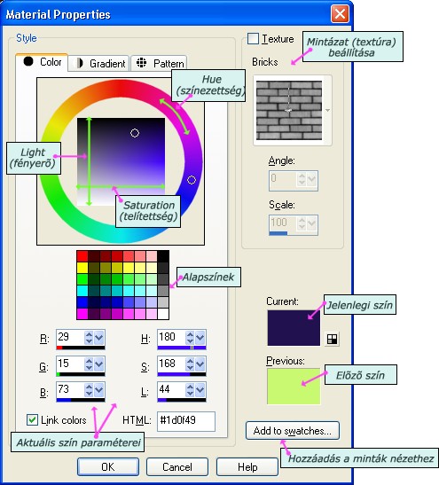 Ebben az ablakban állíthatjuk be a konkrét színt, amelyet vagy az adott palettáról vehetünk fel, vagy az RGB, HSL színkoordináta-rendszer szerint állíthatunk be.