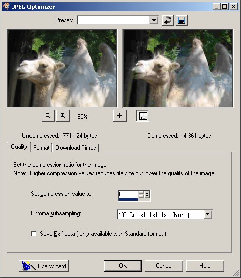 A JPEG optimalizálás során a Quality (minőség) fülön beállíthatjuk a kép tömörítésének mértékét.