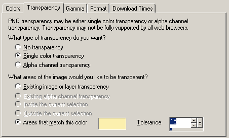 A Transparency (átlátszóság) fülecskén a kép átlátszóságának módját választhatjuk ki. A kiválasztás módja hasonló, mint a GIF formátum esetén.