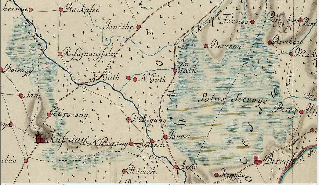 Interdiszciplinaritás a régiókutatásban IV. 2. térkép. Bereg megye áttekintő térképe a postautak feltüntetésével. MNL OL, 1799. (részlet).