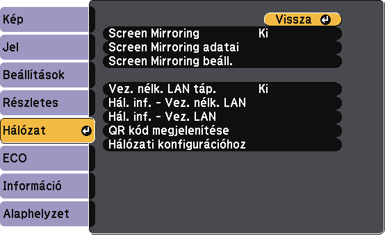 A kivetítő hálózti beállítási - Hálózt menü 153 A Hálózt menü beállítási lehetővé teszik hálózti információk megtekintését és kivetítő beállítását hálózton keresztül történő vezérlésre.
