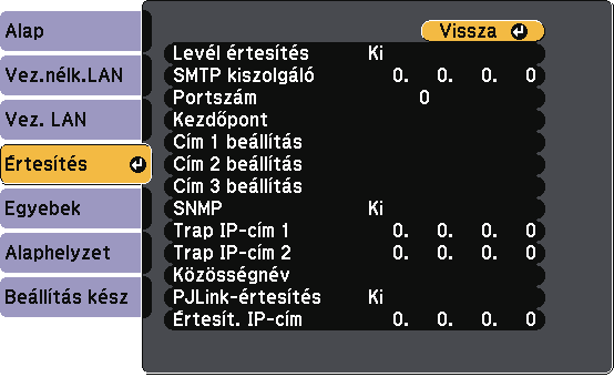 A kivetítő hálózti beállítási - Hálózt menü 160 Beállítás Opciók Leírás IPv6-beállítások IPv6 Automtikus konfiguráció Ideiglenes cím hsznált Hálózt menü - Értesítések menü Válssz z IPv6-beállításokt,