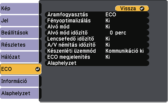 A kivetítő üzembe helyezésének beállítási - ECO menü 163 Az ECO menü beállítási lehetővé teszik kivetítő funkcióink testreszbását z energitkrékosság érdekében.