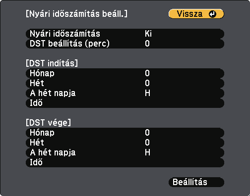 Dátum és idő beállítás 43 k A nyári időszámítás ktiválásához válssz ki Nyári időszámítás beállítást, és nyomj meg z [Enter] gombot. Ezután válsszon beállítást.