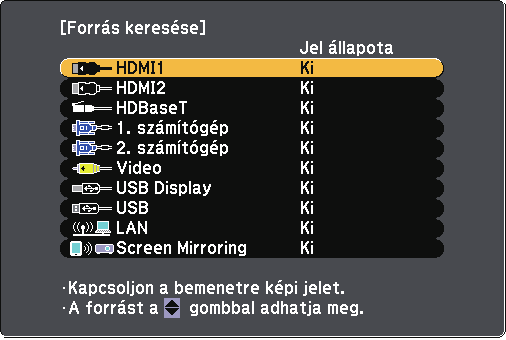 Képforrás kiválsztás 57 H kivetítőhöz több képforrás is cstlkozik, például számítógép és DVDlejátszó, tetszés szerint váltht képforrások között.