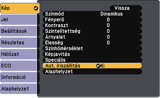 Színmód 63 b Nyomj meg [Menu] gombot távvezérlőn vgy kezelőpnelen. d Válssz ki z Aut. íriszállítás elemet, és nyomj meg z [Enter] gombot. c Válssz ki Kép menüt, és nyomj meg z [Enter] gombot.