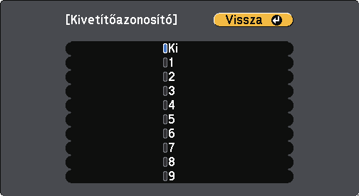 Több kivetítő hsznált 93 e Válssz ki kivetítőhöz hsználni kívánt zonosítószámot nyílgombok segítségével. Ezután nyomj meg z [Enter] gombot. Az ktuális kivetítőzonosító megjelenik vásznon. Kb.