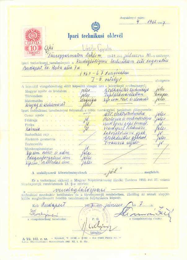 Az érettségi vizsgák történeti áttekintése IPARI TECHNIKUSI OKLEVÉL 1967 Lázár Gyula A szabályszerű követelményeknek jól megfelelt.