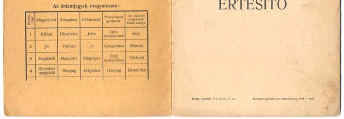 Tanulmányi értesítőkben Iparos tanonciskola Értesítője 1939/40-es évben: Magaviselet: példás, jó, megfelelő, kevésbé megfelelő Szorgalom: dicséretes, változó, hanyatló, hanyag Előmenetel: jeles, jó,