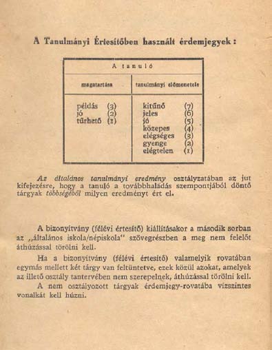 Tanulmányi értesítőkben Általános iskolai