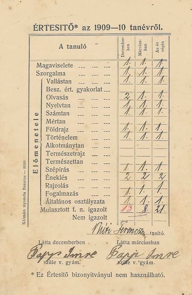 Az alapfokú iskolai oktatásban használt egyes nyomtatványok Papp Imre III.