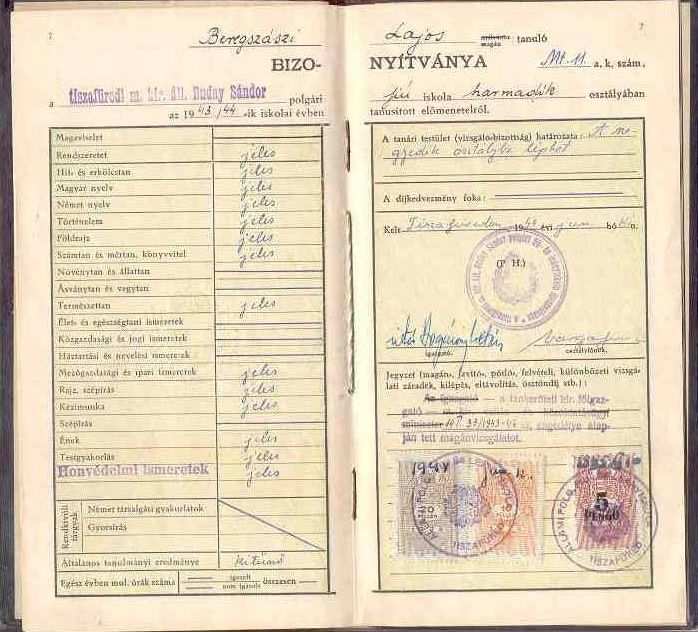 Az alapfokú iskolai oktatásban használt egyes nyomtatványok Beregszászi Lajos, a derecskei református elemi népiskola VI. osztályát 1921/22-ben tanévben befejezte.