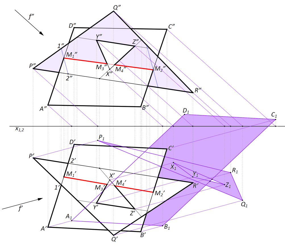 ÁBRÁZOLÓ GEOMETRIA 1. 1. rajz 4. feladat (2013/14. tavasz, keresztfélév) Ábrázoljon két képével egy dőlt síkú paralelogrammát, majd egy vele ellentétes dőlésű háromszöget!