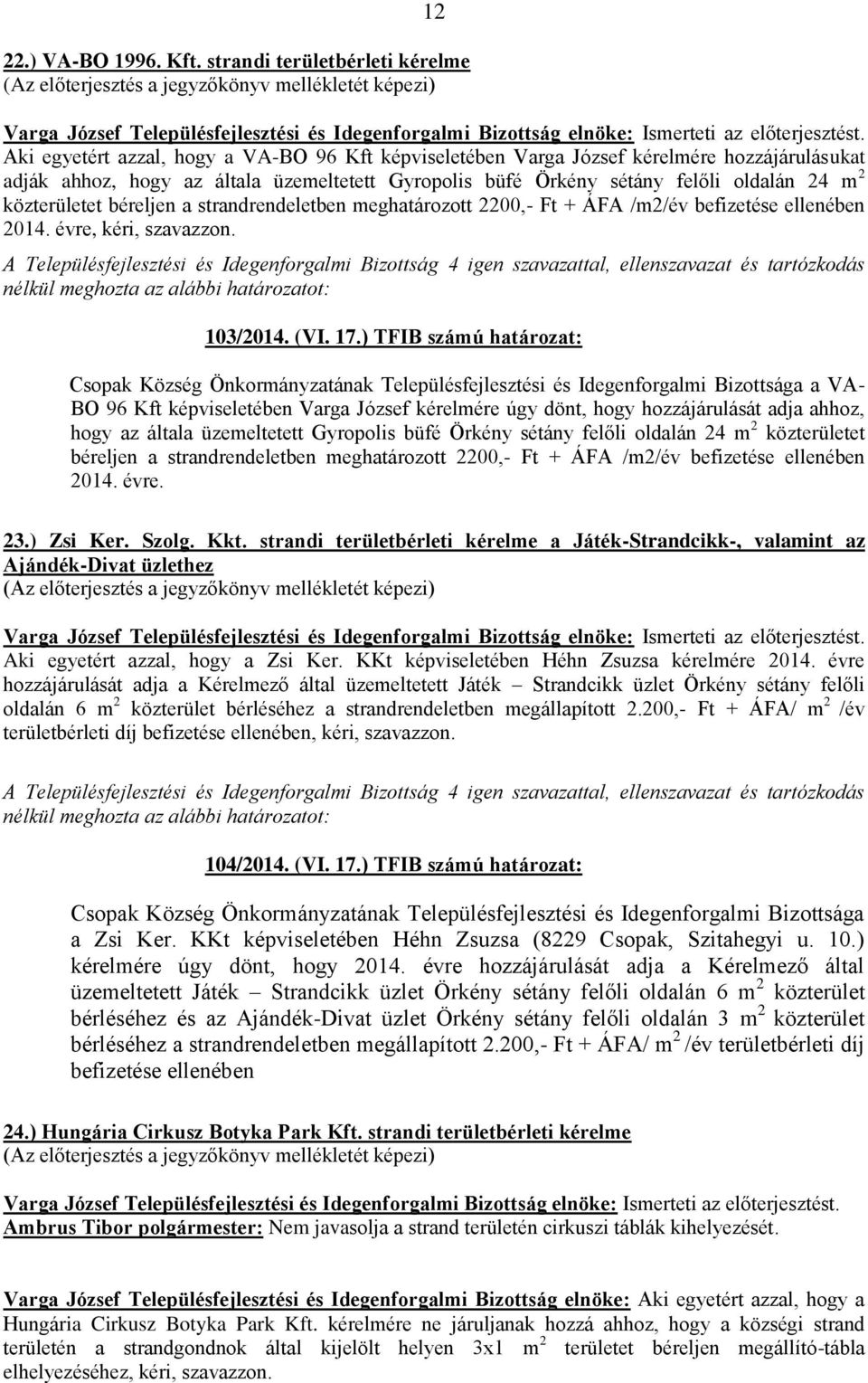 felőli oldalán 24 m 2 közterületet béreljen a strandrendeletben meghatározott 2200,- Ft + ÁFA /m2/év befizetése ellenében 2014. évre, kéri, szavazzon. 103/2014. (VI. 17.