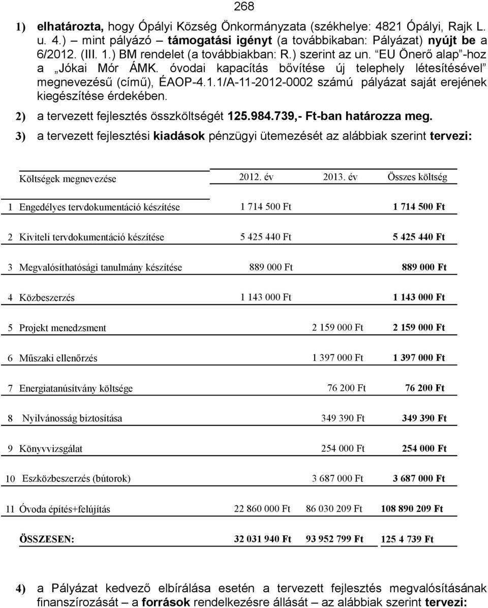 1/A-11-2012-0002 számú pályázat saját erejének kiegészítése érdekében. 2) a tervezett fejlesztés összköltségét 125.984.739,- Ft-ban határozza meg.