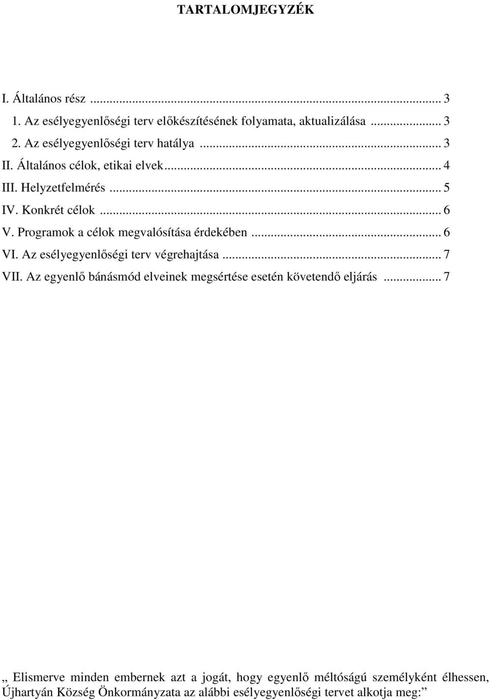 Programok a célok megvalósítása érdekében... 6 VI. Az esélyegyenlőségi terv végrehajtása... 7 VII.