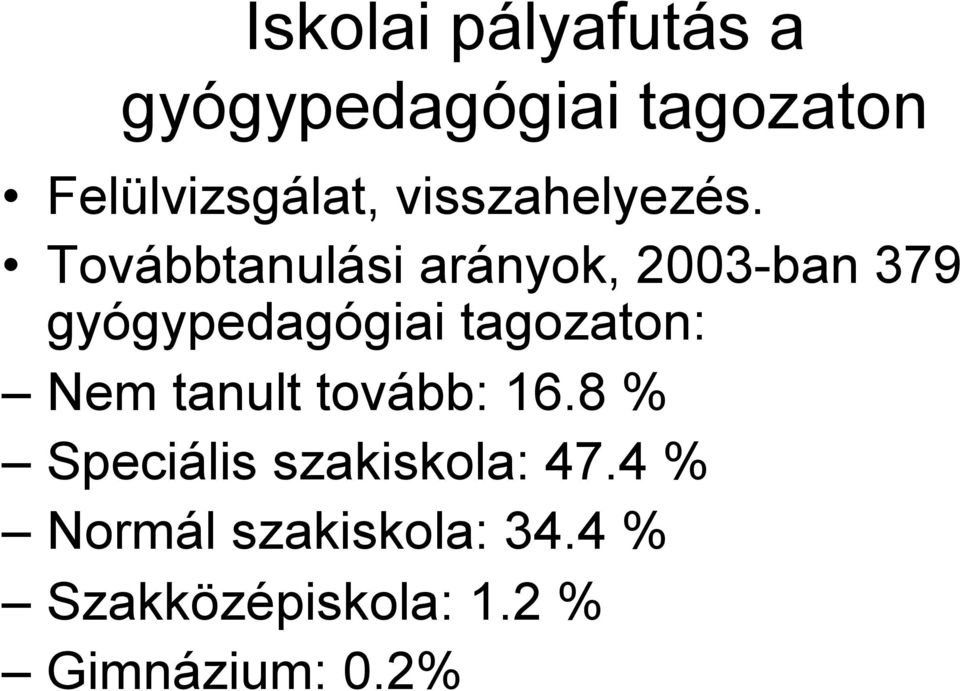 Továbbtanulási arányok, 2003-ban 379 gyógypedagógiai tagozaton: