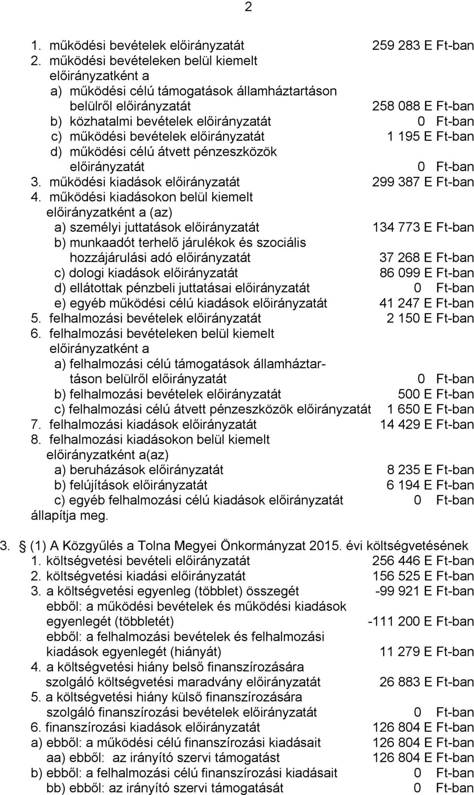 bevételek előirányzatát 1 195 E Ft-ban d) működési célú átvett pénzeszközök előirányzatát 0 Ft-ban 3. működési kiadások előirányzatát 299 387 E Ft-ban 4.