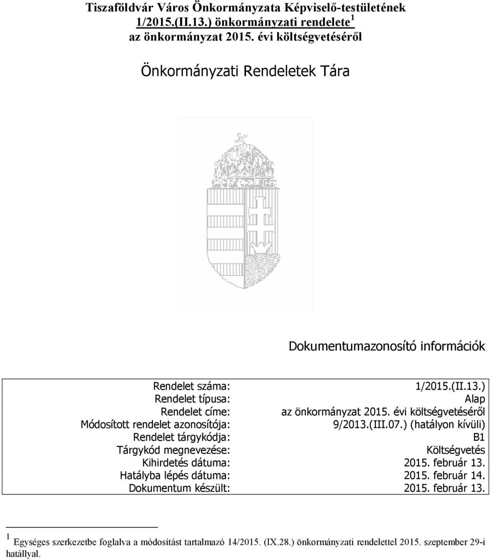 Módosított rendelet azonosítója: 9/2013.(III.07.) (hatályon kívüli) Rendelet tárgykódja: B1 Tárgykód megnevezése: Költségvetés Kihirdetés dátuma: 2015.