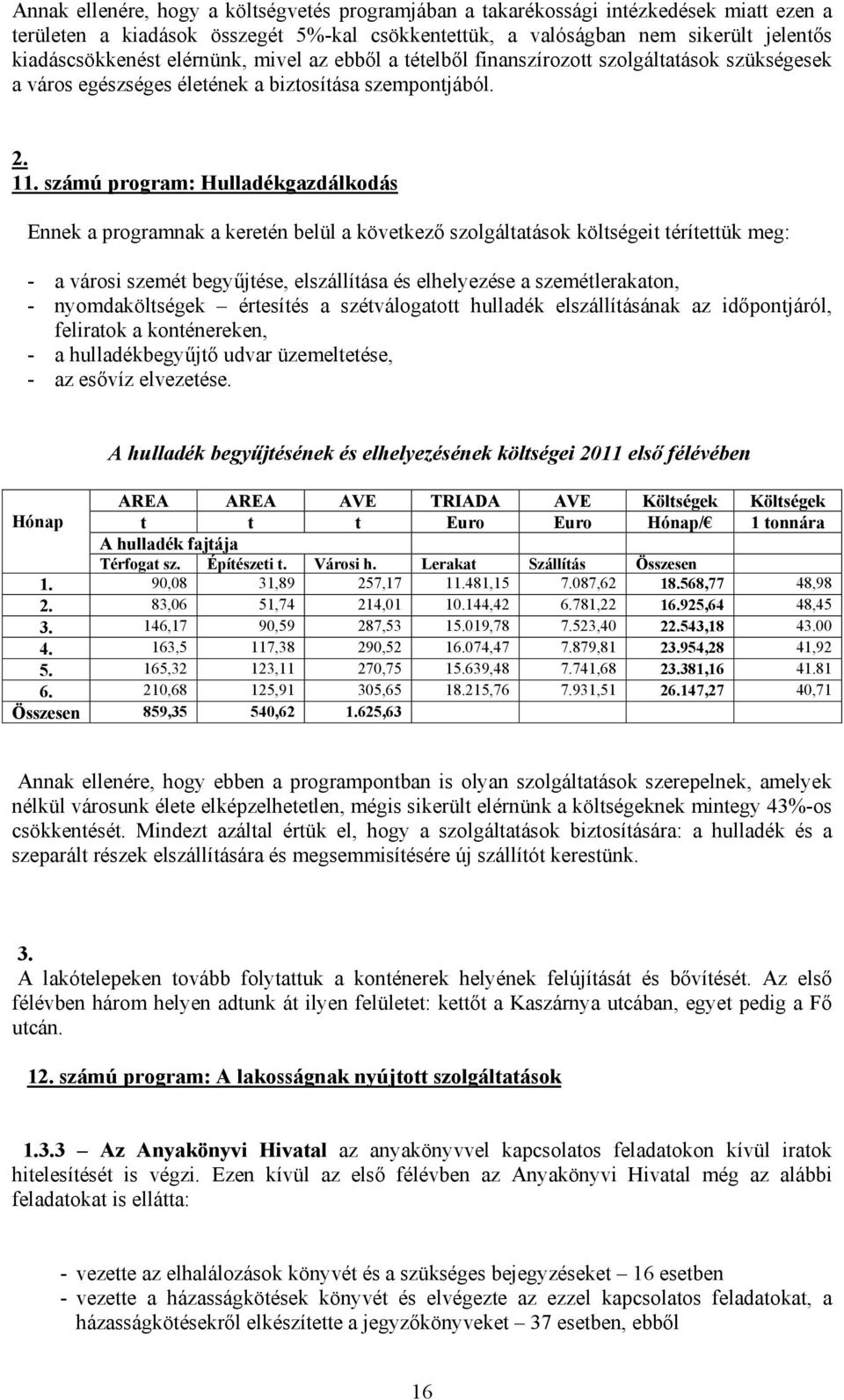 számú program: Hulladékgazdálkodás Ennek a programnak a keretén belül a következő szolgáltatások költségeit térítettük meg: - a városi szemét begyűjtése, elszállítása és elhelyezése a